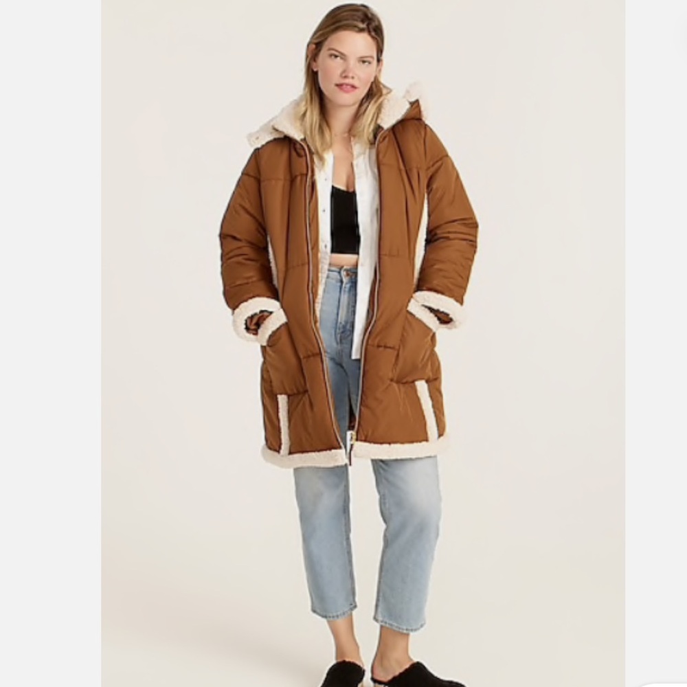 J. Crew Snowday Signature Puffer With Sherpa Trim Primaloft Insulation Puffer, L